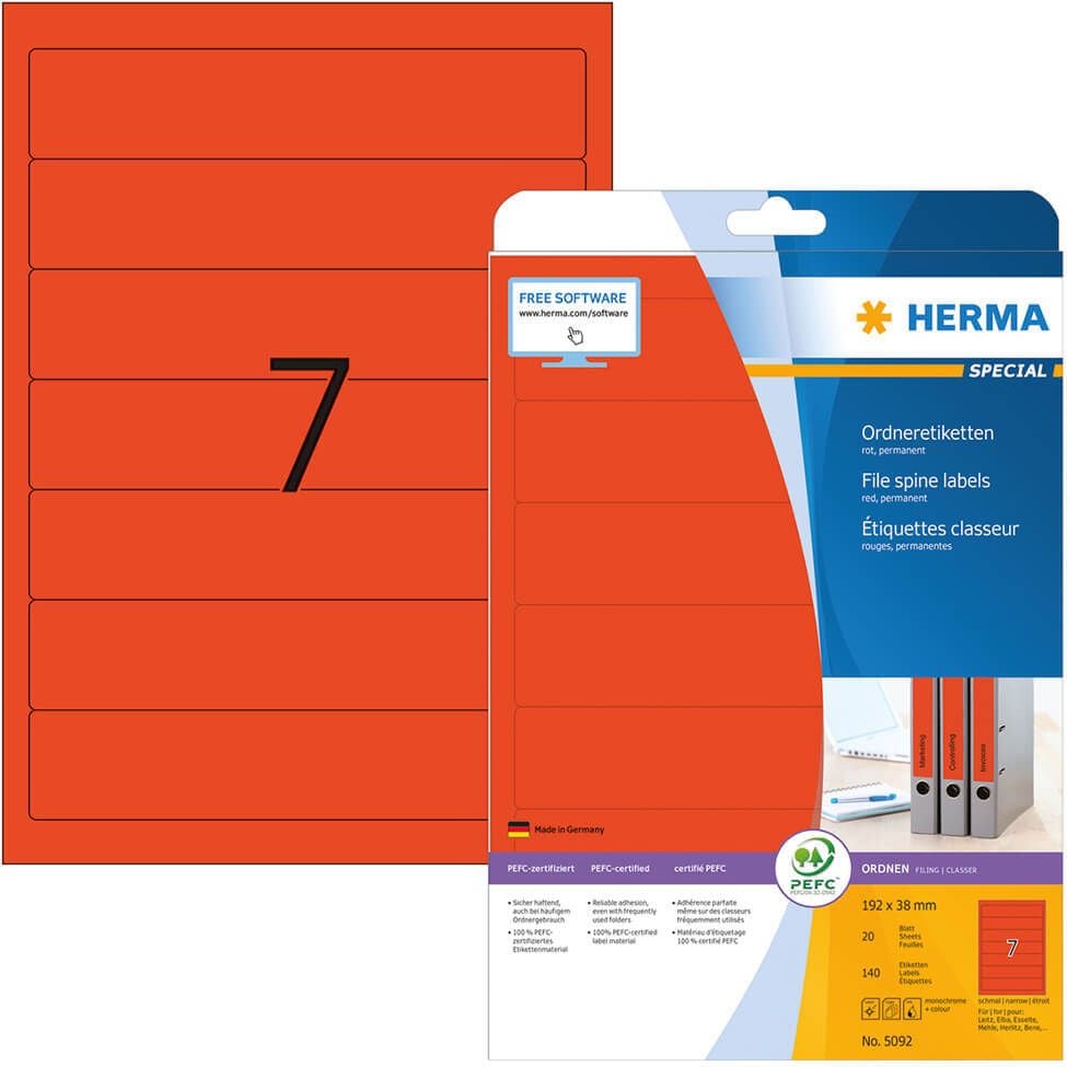 Rückenschilder Herma 5092, schmal/kurz, 192x38mm, auf A4, rot, Pack 20
Blatt/140 Stück