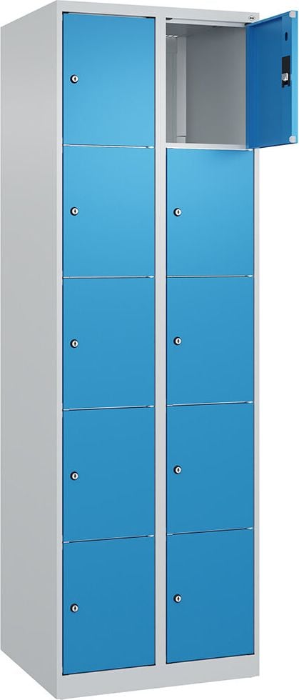 Schließfachschrank CP Classic PLUS Fächerschrank 080000-205, 60x185x50cm (BxHxT), mit Sockel, 5-stöckig,
10 Fächer je 30cm breit, Zylinderschloss, 2
Schlüssel pro Fach, hellblau