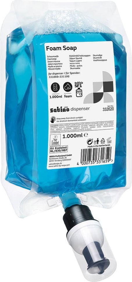 Schaumseife Satino by WEPA 333370, für Spendersystem SF1, Einwegbeutel,
parfümiert, Pack 6 Beutel à 1.000ml