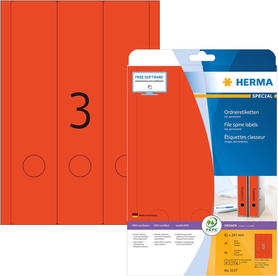 Rückenschilder Herma 5137, breit/lang, 297x61mm, auf A4, rot, Pack 20
Blatt/60 Stück