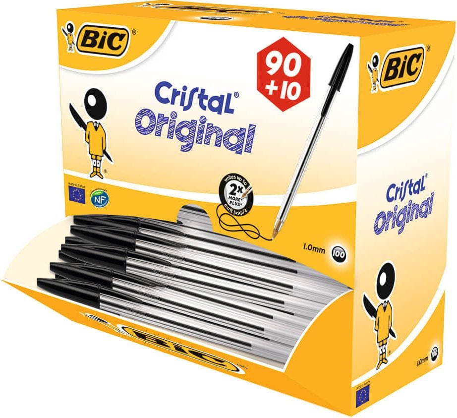 Kugelschreiber BIC Cristal Original Value Pack 90+10, Medium 0,4mm, Einweg, Kappe mit Clip in
Minenfarbe, transparenter Schaft, Pack 100 St, schwarz