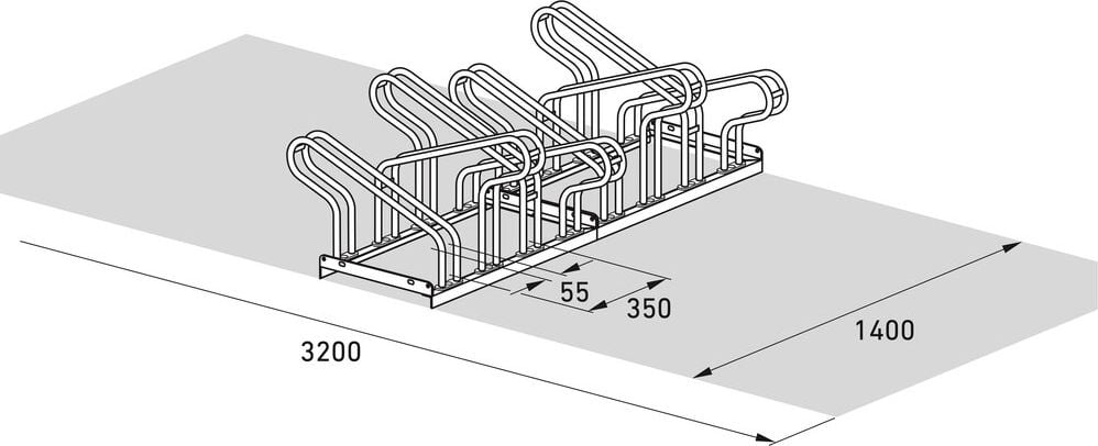 Fahrradständer WSM Bügelparker 2158, verzinkt, Freiaufstellung, 140cm lang, für 8 Fahrräder, bis zu 55mm Reifenbreite, zweiseitige Radeinstellung, Reihenverbindung möglich