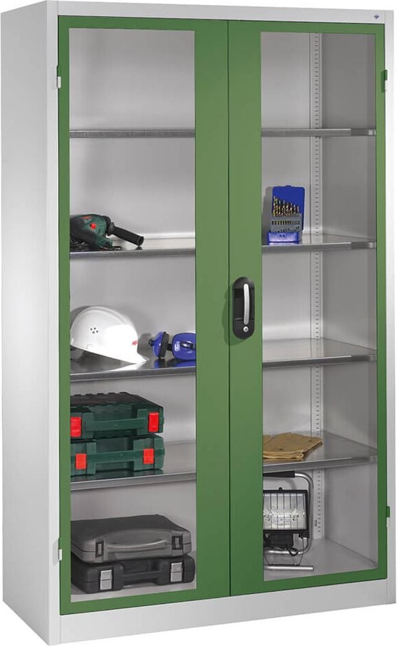 Werkstattschrank CP Serie 89 Werkzeugschrank 8931-055, 120x195x50cm (BxHxT), 4 Böden,
2 Sichtfenster-Flügeltüren, hellgrün