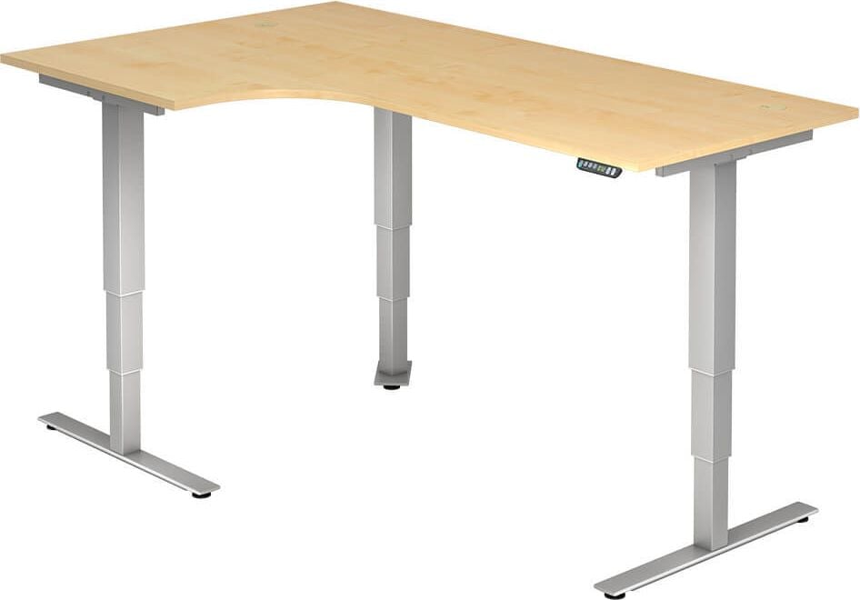 Winkelhubschreibtisch Hammerbacher XDSM82/x/S, 200x120cm (BxT), 63,5-128,5cm Höhe, 90 Grad
Winkel, T-Fuß silber, ahorn