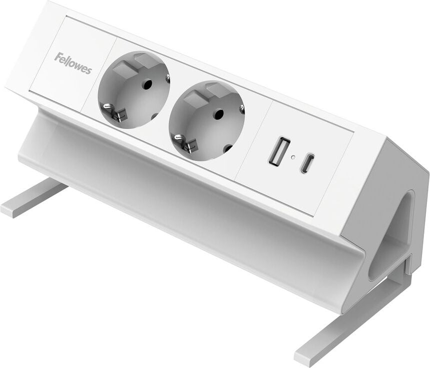 Tischsteckdosenleiste Fellowes Power Desk 2 Type F 2-fach, Tischklemme, 2x Steckdosen (230V), 1x USB-A, 1x USB-C, Kabellänge 2m, weiß