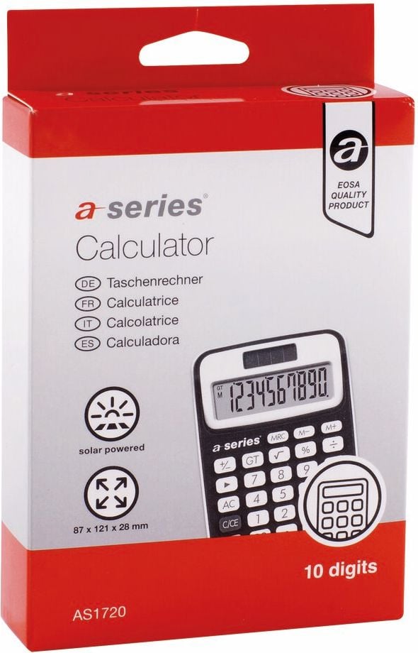 Taschenrechner a-series AS1720, 10-stelliges LC-Display, Solar- und
Batteriebetrieb, schwarz/weiß
