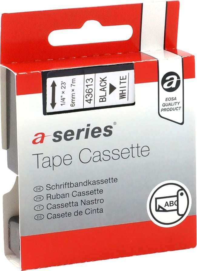 Schriftbänder a-series AS1408 für Dymo D1 43613/S0720780, schwarz auf weiß, 6mm/7m