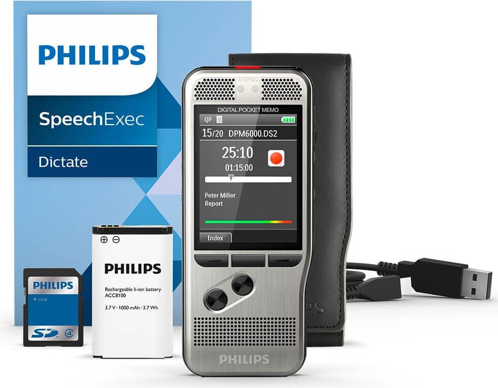 Diktiergerät Philips Pocket Memo DPM6000, Software, Akku, SDHC-Karte, USB-Kabel