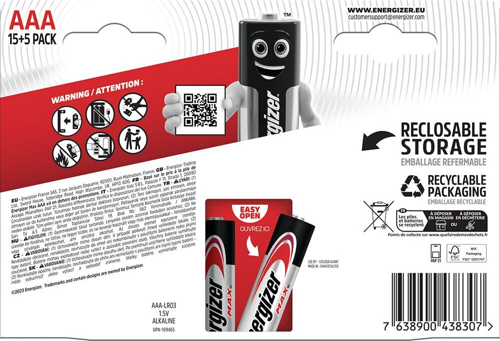 Batterien Energizer Max Micro Bonuspack 15+5 (AAA), 1,5 V, bis zu 10 Jahre Leistungserhalt, Bonuspack 20 Stück (5 Stück gratis)