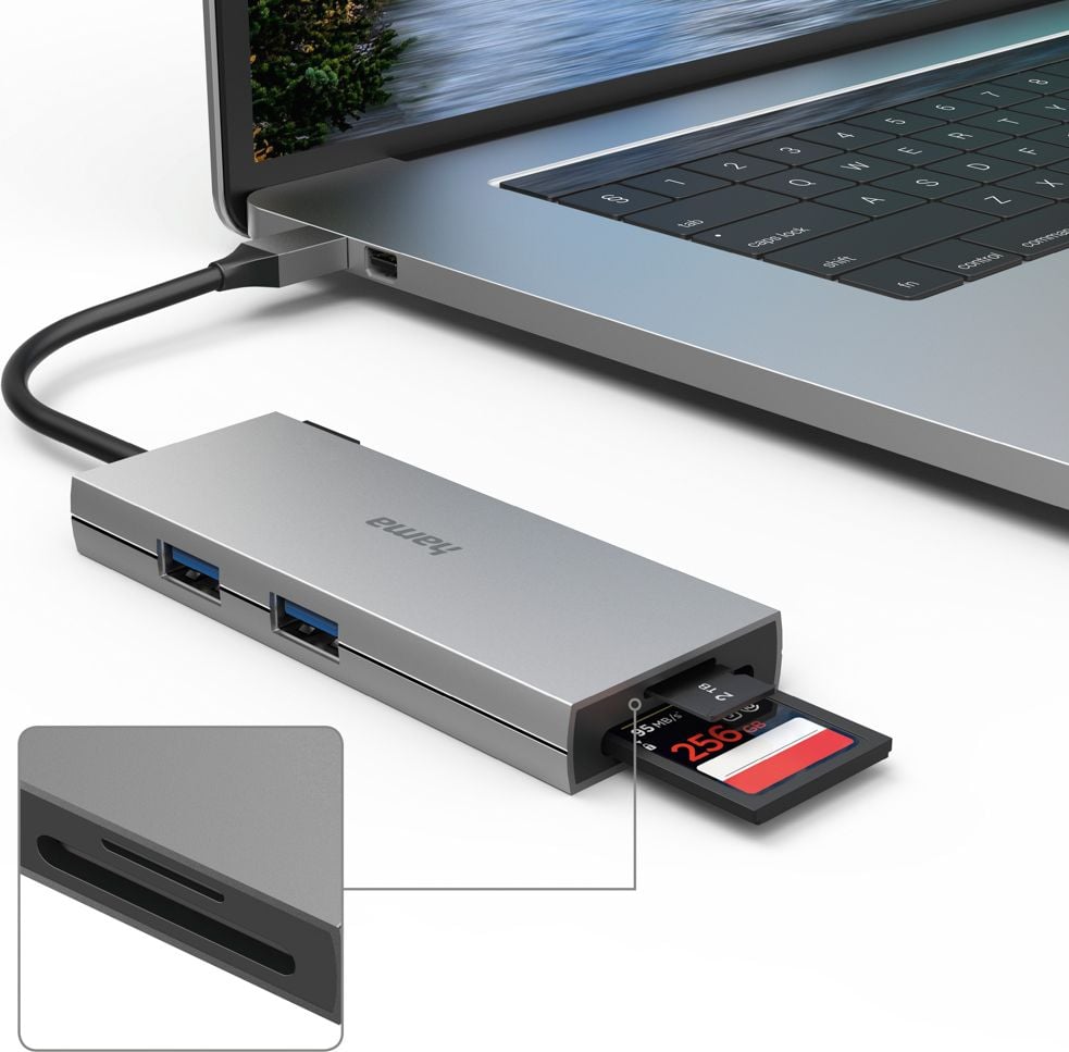 USB-C-Hub Hama Multiport 00200110, USB 3.2 Gen1, 6 Ports, 2x USB-A, 1x USB-C, 1x
HDMI, 1x SD, 1x microSD, anthrazit