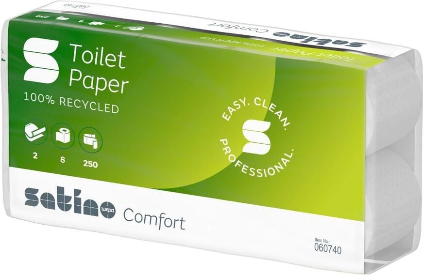 Toilettenpapier Satino by WEPA Comfort 060740, für Spendersystem MT1, Tissue Recycling,
Waffelprägung, 2-lagig, hochweiß, Pack 64
Rollen à 250 Blatt