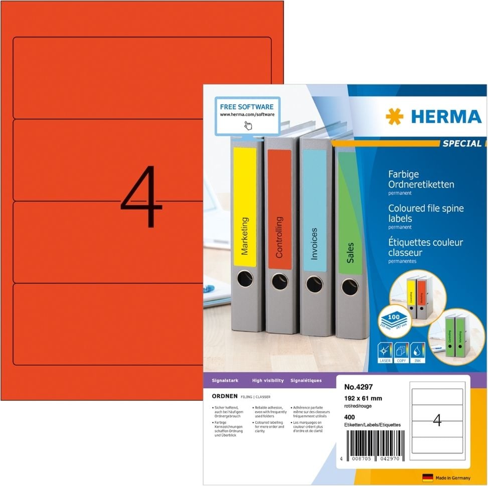 Rückenschilder Herma 4297, breit/kurz, 192x61mm, auf A4, rot, Pack 100
Blatt/400 Stück
