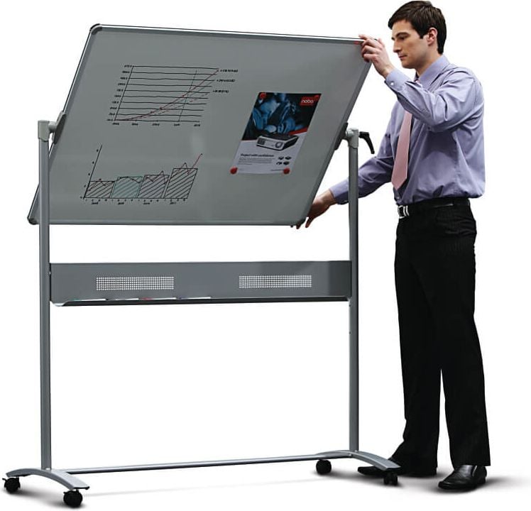 Whiteboard Nobo Prestige 1901035, 120x150cm, emailliert, trocken abwischbar,
Ablageschale, Stativ-Drehtafel mit Rollen