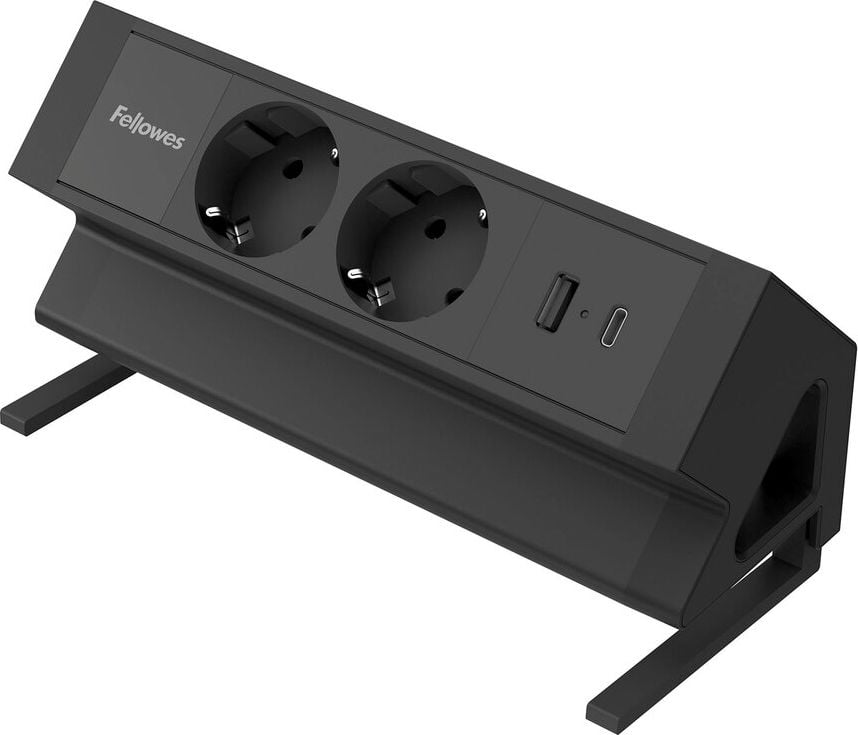 Tischsteckdosenleiste Fellowes Power Desk 2 Type F 2-fach, Tischklemme, 2x Steckdosen (230V), 1x USB-A, 1x USB-C, Kabellänge 2m, schwarz