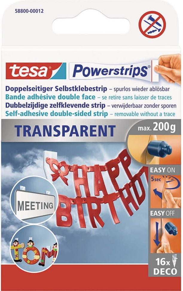 Powerstrips Tesa Deco 58800-00012-20, Haftkraft bis 200g, transparent, ablösbar,
Pack 16 Stück