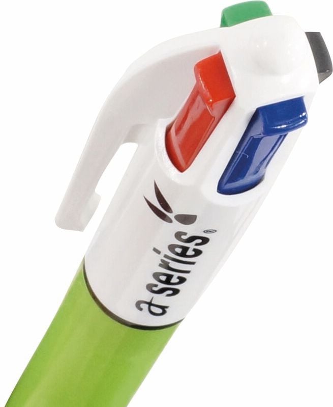 Vierfarbkugelschreiber a-series ECO AS1646, Schreibfarben: schwarz, blau, rot, grün, farbige Schieber, Schaft
hellgrün, nachfüllbar