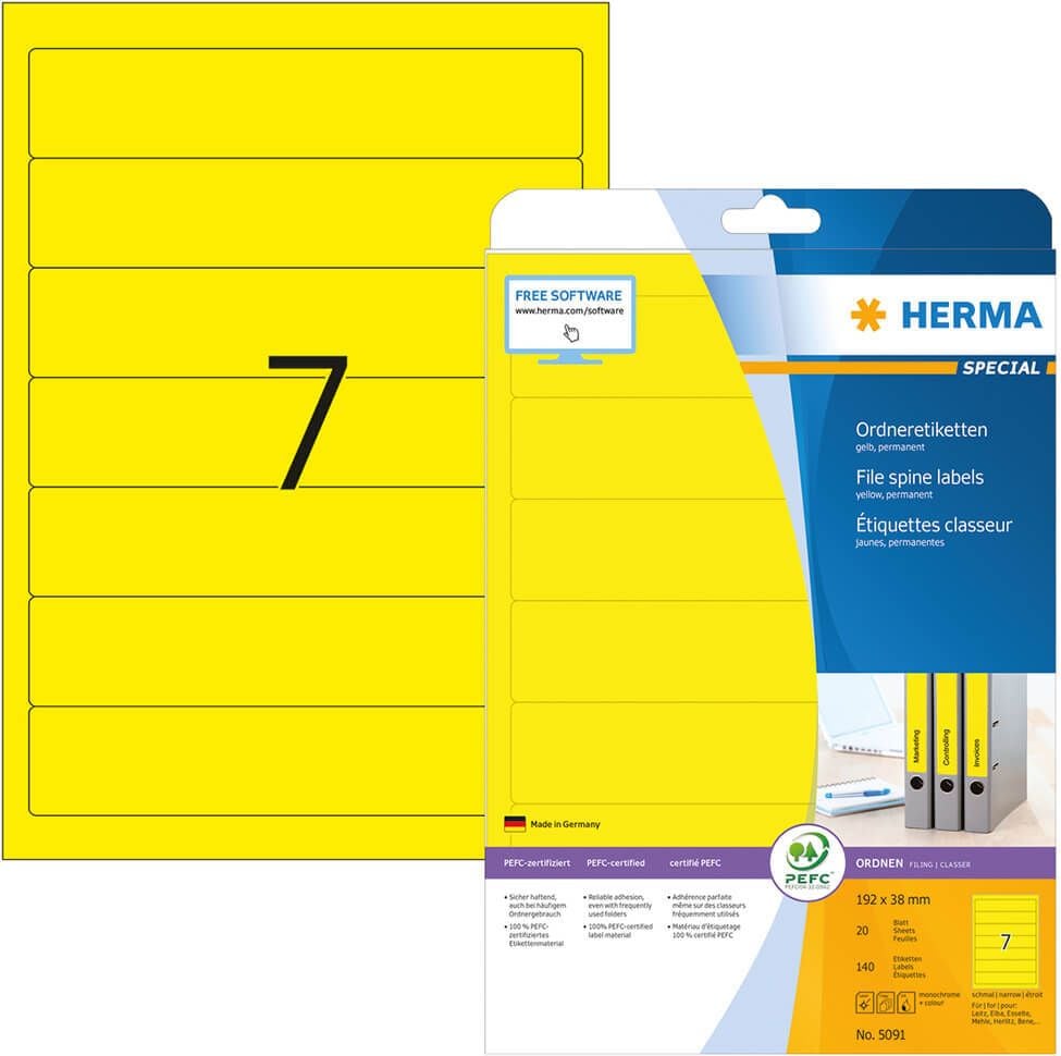 Rückenschilder Herma 5091, schmal/kurz, 192x38mm, auf A4, gelb, Pack 20
Blatt/140 Stück