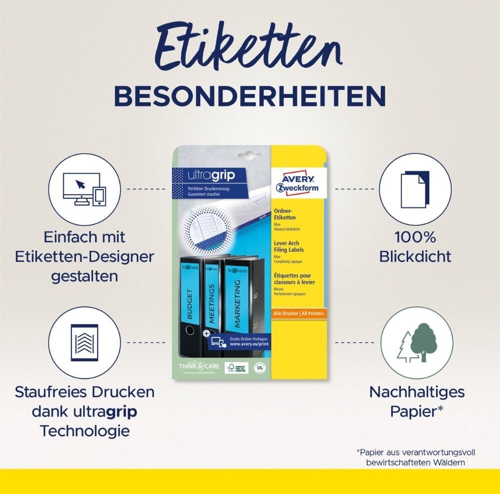 Rückenschilder Zweckform L4767-100 ultragrip, breit/kurz, 192x61mm, auf A4, blau,
Pack 100 Blatt/400 Stück