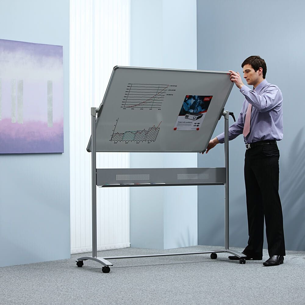 Whiteboard Nobo Prestige 1901033, 90x120cm, emailliert, trocken abwischbar,
Ablageschale, Stativ-Drehtafel mit Rollen