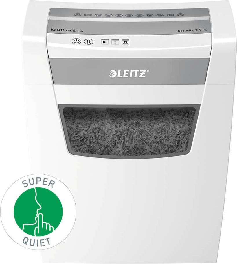 Aktenvernichter Leitz IQ Office S 80990000, 4x28mm Partikelschnitt, ca. 12 Blatt, 23 Liter Behälter