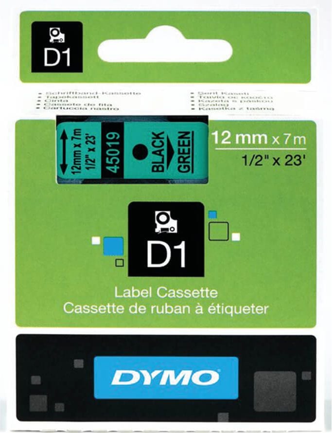 Schriftbänder Dymo D1 45019/S0720590, schwarz auf grün, 12mm/7m