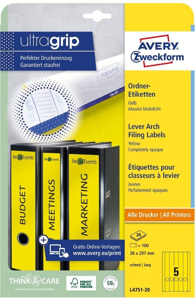 Rückenschilder Zweckform L4751-20 ultragrip, schmal/lang, 297x38mm, auf A4, gelb, Pack 20
Blatt/100 Stück