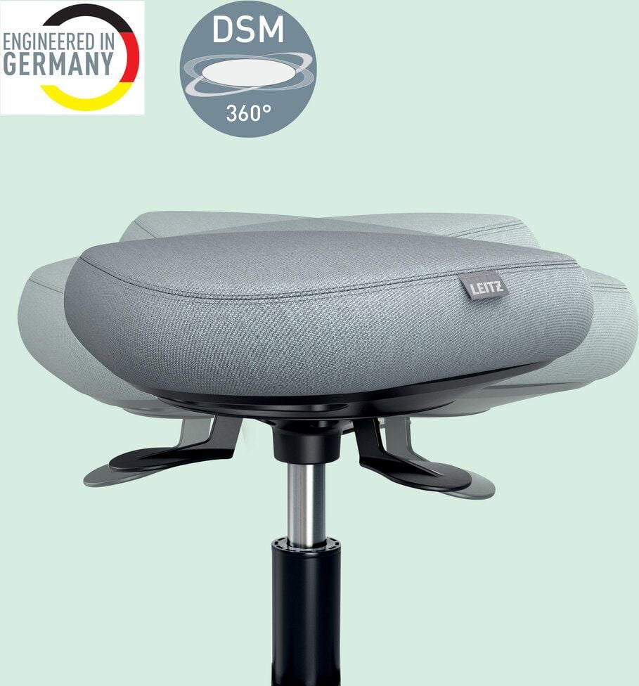 Sitzhocker Leitz Ergo Active 65770095, 47-60cm Sitzhöhe, dreieckiger Sitz mit
farbigem Bezug, Rollen für alle Bodenarten, grau