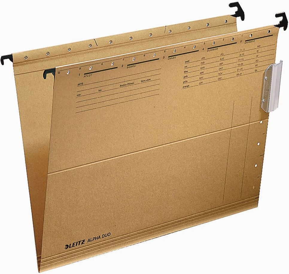 Hängemappe Leitz Alpha Duo 2915, seitlich offen, Natronkarton (RC) 250 g/m²,
naturbraun, Pack 25 Stück