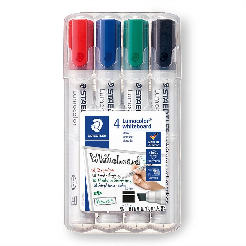Boardmarker Staedtler Lumocolor whiteboard marker 351B WP4, ca. 2-5mm, Keilspitze, Gehäuse aus 97%
recyceltem Plastik, Etui mit 4 Farben