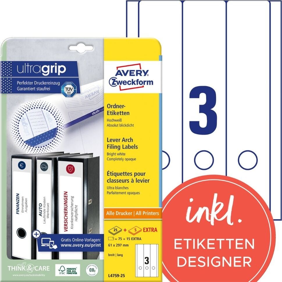 Rückenschilder Zweckform L4759-25 ultragrip, breit/lang, 297x61mm, auf A4, weiß, Pack 30
Blatt/90 Stück