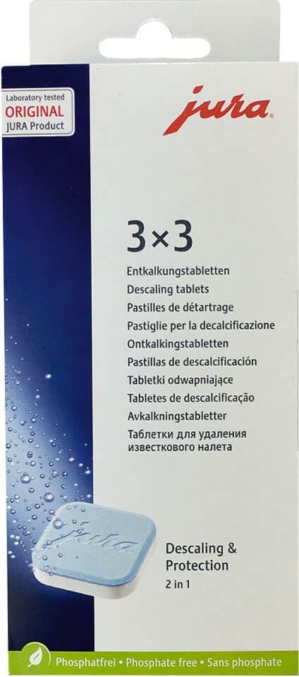 Entkalkungstabletten Jura 61848, für Vollautomaten, 2 Phasen, phosphatfrei,
Pack 9 Stück (je 3 pro Entkalkungsvorgang)