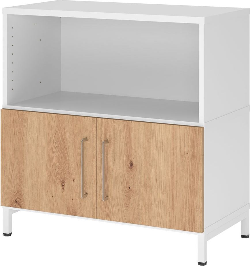 Regal Hammerbacher VFW28T1KU/W mit Türen, Threespine-Klicksystem, 80 x 41,7 x 82,8 cm
(B x T x H), mit Stahlsockel, 2 Ordnerhöhen,
Korpus: weiß, asteiche