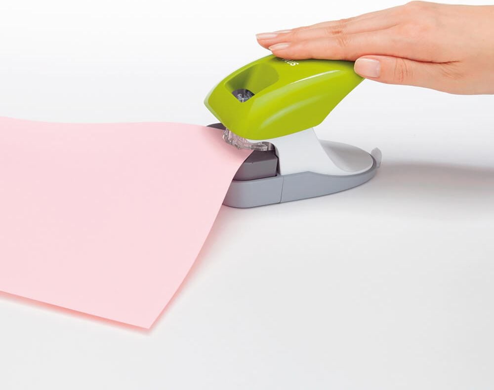 Heftgerät PLUS Japan SL-112A, bis 10 Blatt, Einlegetiefe: ca. 30mm,
klammerlos, grün