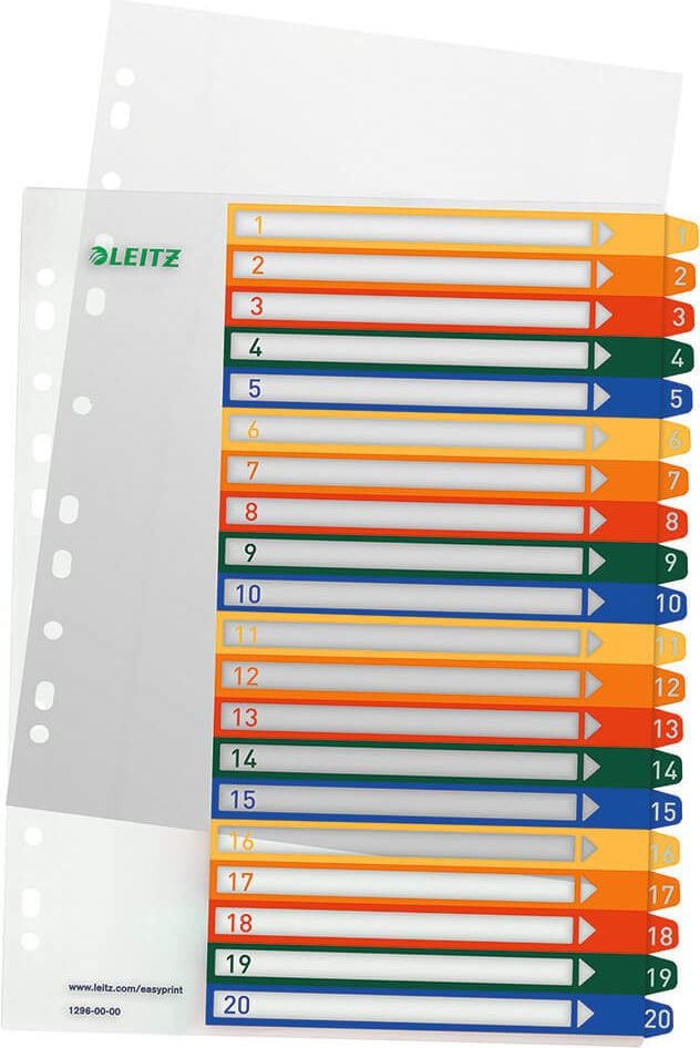 Kunststoffregister Leitz A4 Überbreite 1-20 1296, A4 Überbreite, 1-20, 20-teilig, PP,
mehrfarbig, Pack 6 Stück