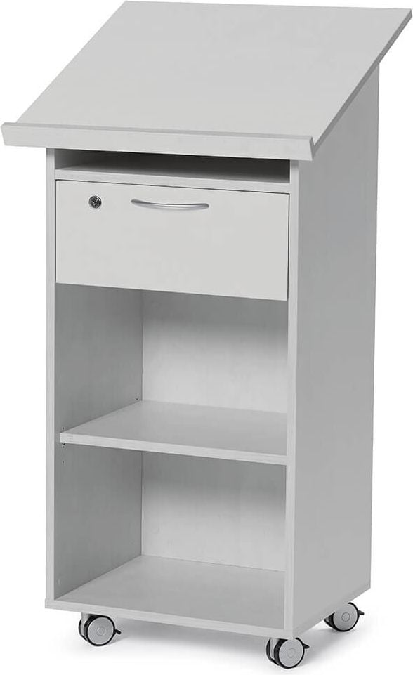 Rednerpult Deskin Laudatus mit Schub, 60x52,5cm (BxT), 120cm Höhe, abschließbare
Schublade, 2 Fächer, auf Rollen, hellgrau