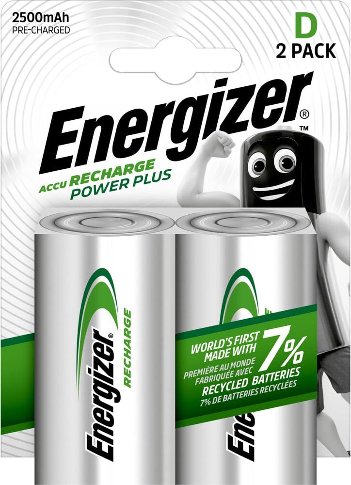 Batterien Energizer NiMH Power Plus Mono (D), 1,2 V, 2500 mAh, aus 7% recycelten Batterien,
Pack 2 Stück