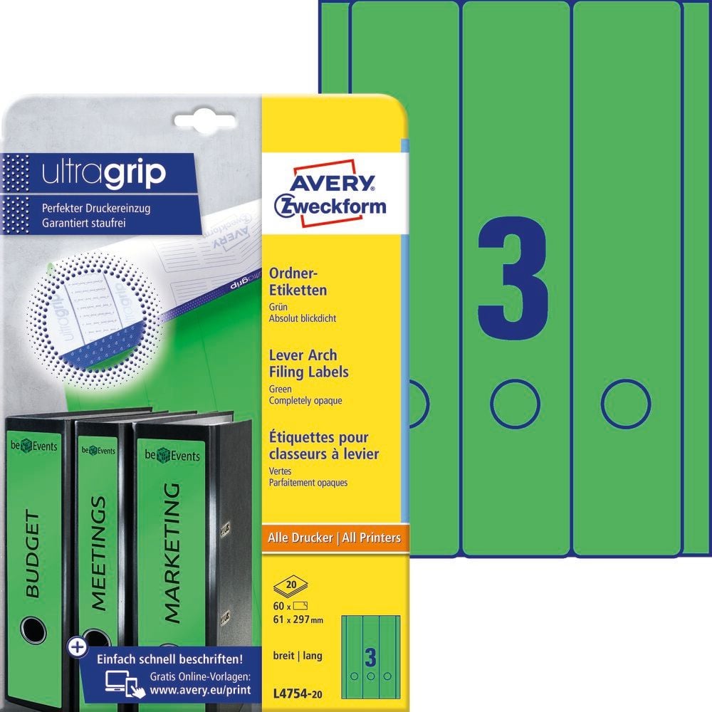 Rückenschilder Zweckform L4754-20 ultragrip, breit/lang, 297x61mm, auf A4, grün, Pack 20
Blatt/60 Stück