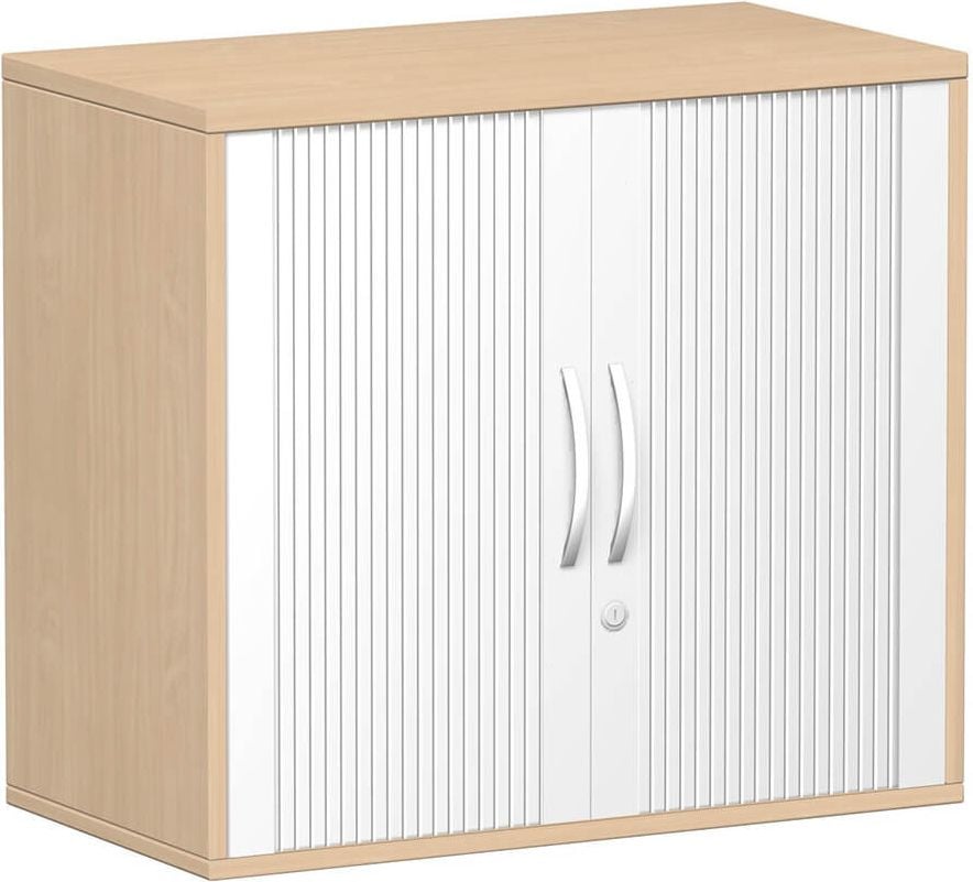 Aktenschrank Geramöbel Flex S-381110, 80x72x42,5cm (BxHxT), 2 Querrollläden, 1
Fachboden, 2 Ordnerhöhen, Bogengriff,
abschließbar, buche