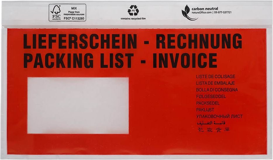 Lieferscheintaschen DIN-lang, 230x110mm Innen, LIEFERSCHEIN/RECHUNG, Pack
250 Stück