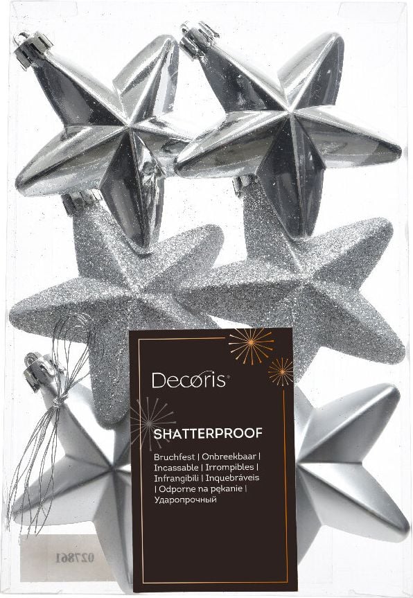 Weihnachtskugeln DECORIS Stern, 7,5x7,5x2cm (BxHxT), Polystyrol, Pack 6 Stück, silber