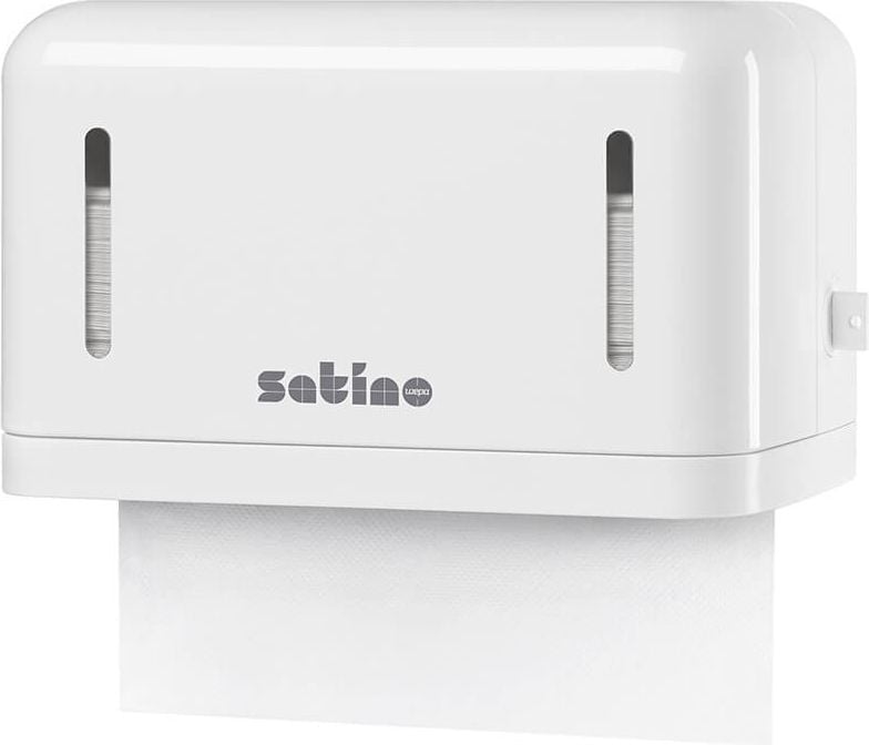 Papierhandtuchspender Satino by WEPA Mini 331470, Spendersystem PT4, 27x16,3x14,7cm (BxHxT),
abschließbar, Kunststoff, weiß