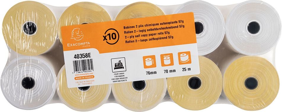 Additionsrollen / Kassenrollen Exacompata 40358E 76mm x 25m, 12mm Kerndurchmesser, 2-fach selbstdurchschreibend, holzfrei weiß/gelb, Pack 10 Rollen