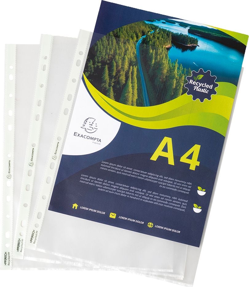 Prospekthüllen Exacompta Forever DIN A4 5320E, oben offen, genarbt, recycelte PP-Folie 60my, Pack 100 Stück