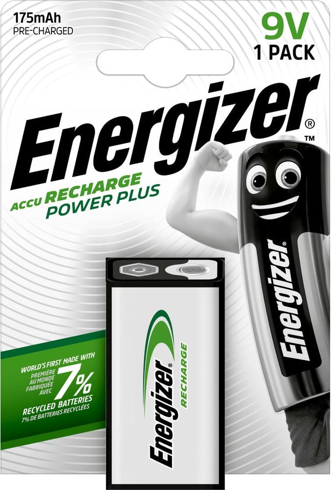 Batterien Energizer NiMH Power Plus E-Block (E), 9 V, aus 7% recycelten Batterien