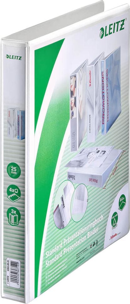 Präsentationsringbuch Leitz Standard 42840001, A4, 4 Ringe, 43mm Rücken, 25mm
Ringdurchmesser/Füllhöhe, weiß, Pack 6 Stück, weiß