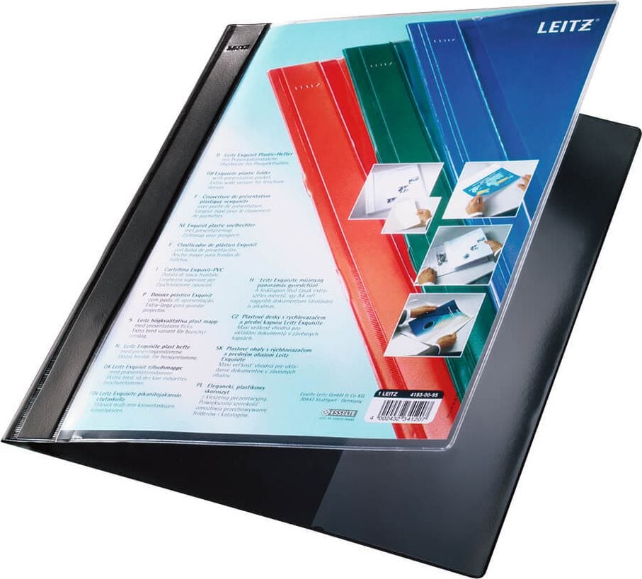 Schnellhefter Leitz Exquisit A4 Überbreite 4193, PVC-Hartfolie, transparenter Vorderdeckel, 2
Innentaschen, Abheftschieber, Pack 25 Stück, schwarz