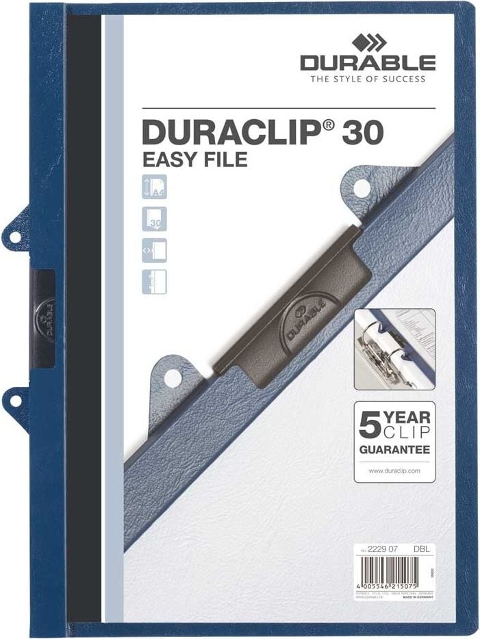 Klemmhefter Durable Duraclip 30 EASY FILE A4 2229, für 30 Blatt, Abheftvorrichtung, Metallclip,
transp. Vorderdeckel, farbiger Rückdeckel, dunkelblau