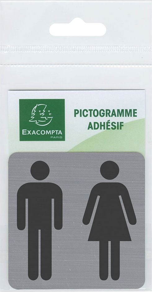 Hinweisschilder Exacompta 67178E WC Damen / Herren, 7,5x7,5cm, selbstklebend, gebürstete Aluminiumoptik, UV-resistent, silber/schwarz