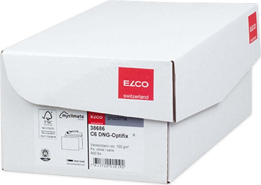 Briefumschläge C6 Elco Proclima 38686, 114x162mm, Recyclingpapier, weiß, Haftklebung, Pack 500 Stück, Blauer Engel, FSC