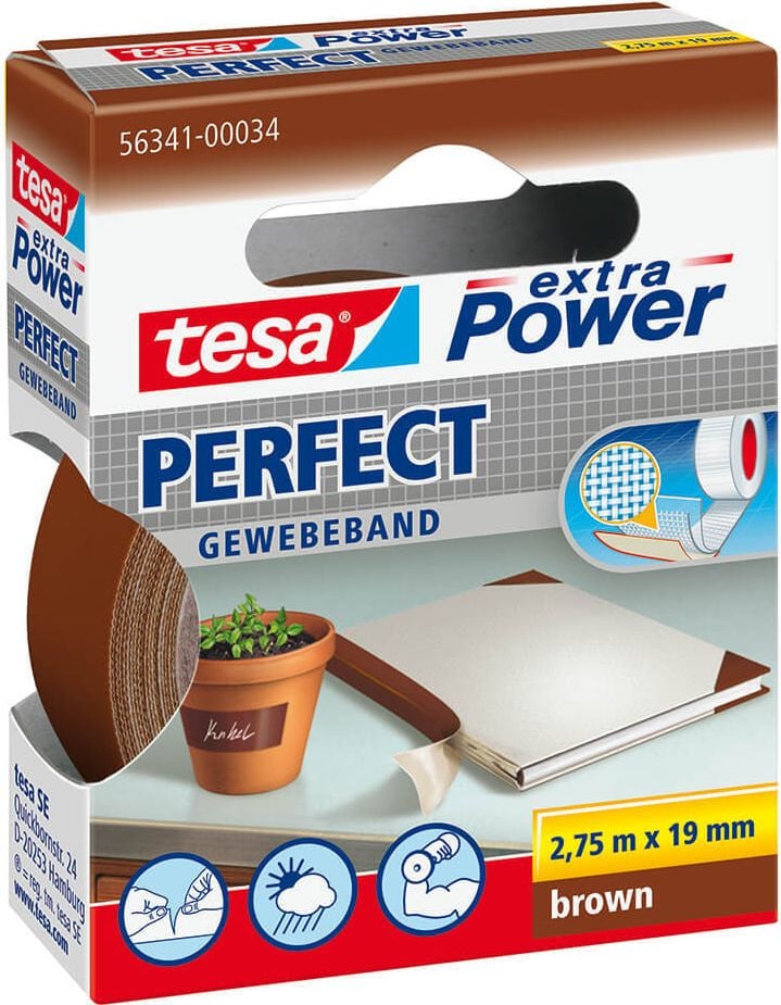 Gewebeband Tesa extra Power Perfect 56341, 19mm x 2,75m, beschriftbar, braun